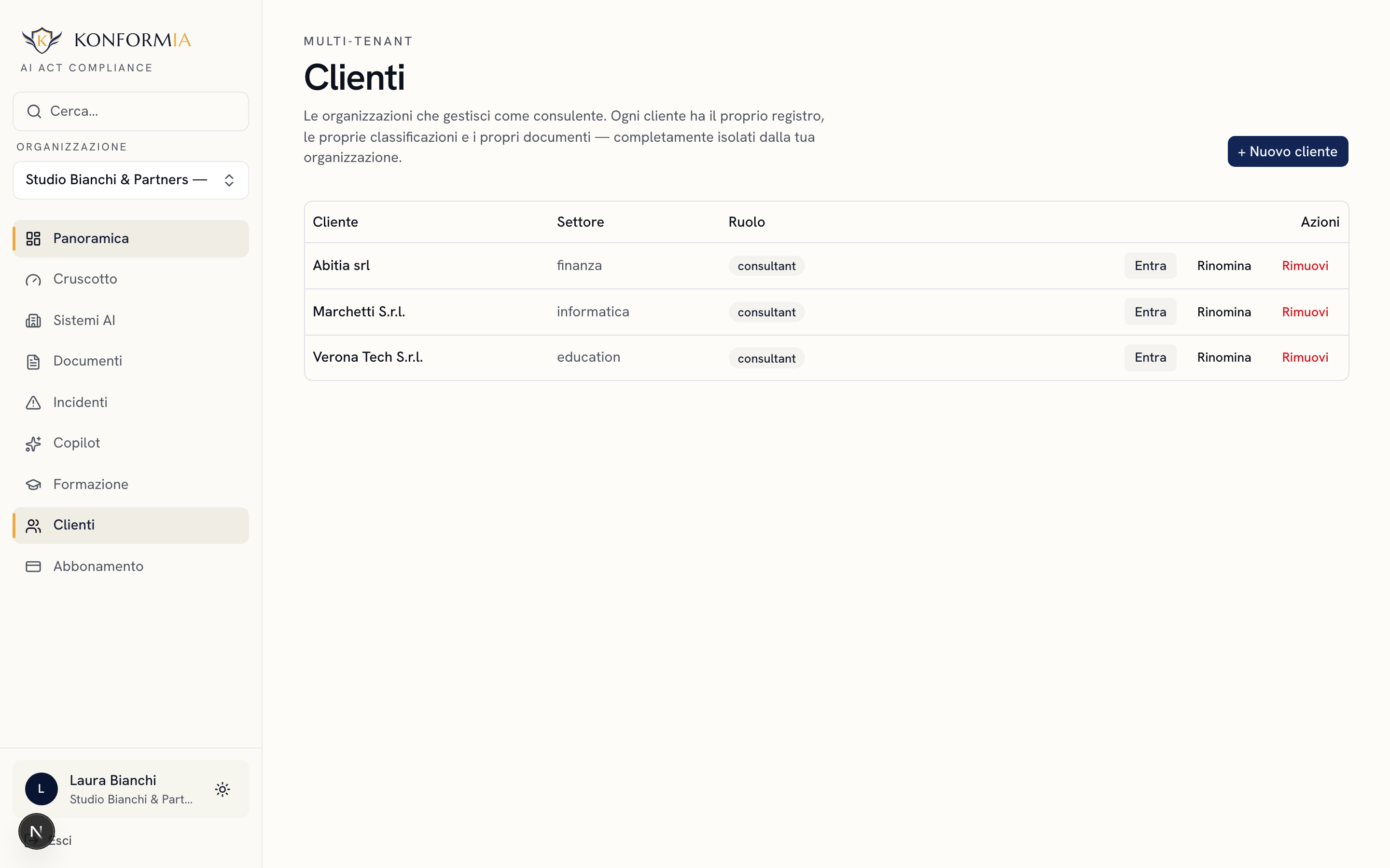 Vista multi-tenant per consulenti: elenco dei clienti con lo stato di conformità di ciascuno